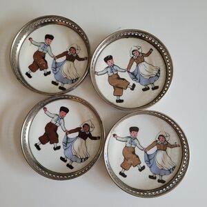 Antique 1914 Sternauware Germany Dutch Boy & Girl Porcelain Set 4 Coasters 6081